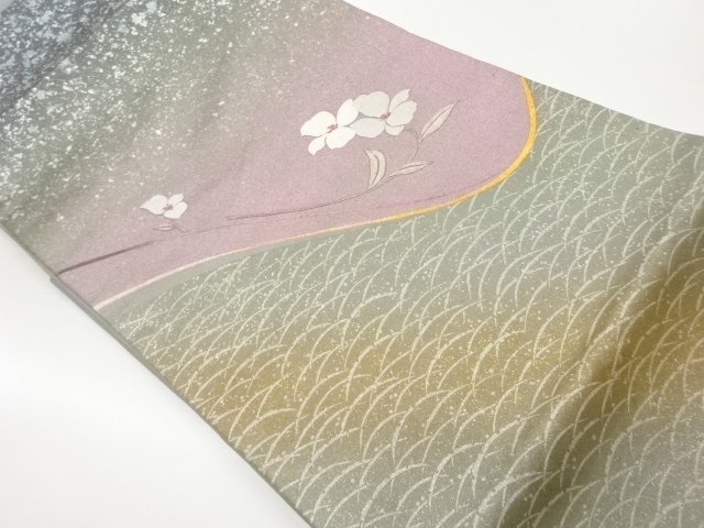銀彩花に曲線・露芝模様刺繍名古屋帯